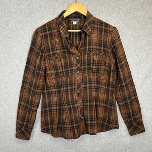 Peruvian Connection Plaid Button Down Shirt Orange Brown Pockets Womens 10 READ
